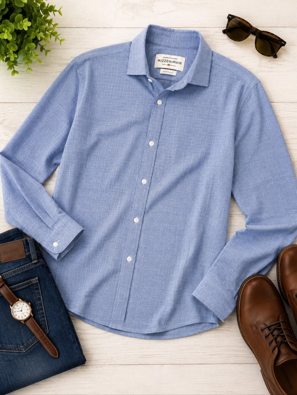 Mizzen & Main leeward Lt. Blue Checked Poly Span L sleeve Dress Shirt. Mens XXL